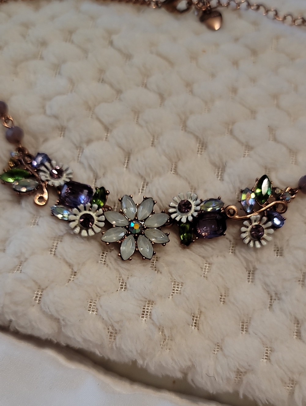 Betsey Johnson Opalescent Floral Crystal Necklace in Purple, Green & White